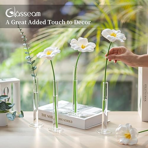 Miniatura 3 de Glasseam Jarrón de cristal para centros de mesa, juego de 4 jarrones de flores pequeños, centros de mesa cilíndricos transparentes de una sola rosa,