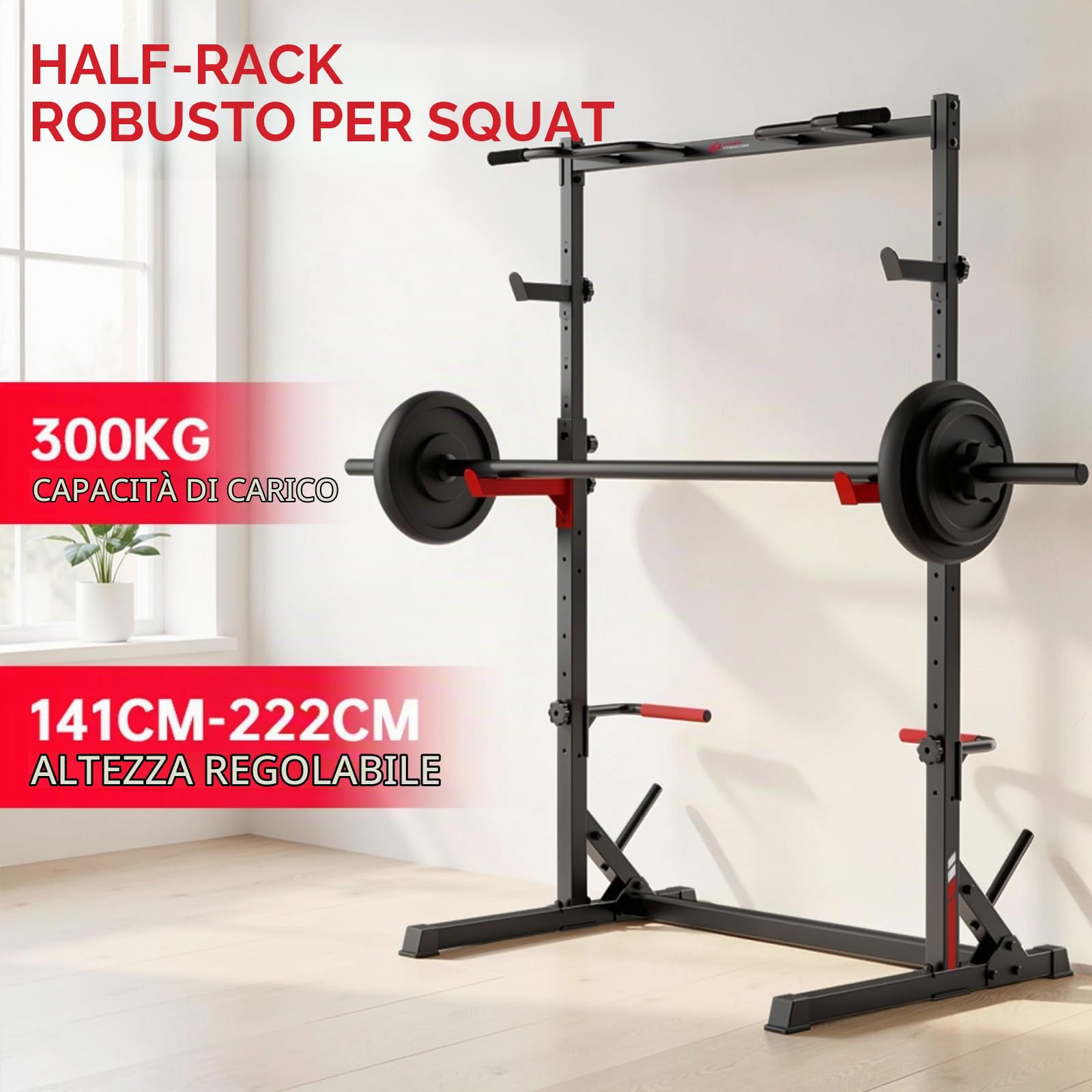 Rack da Squat Multifunzione con Barra per Trazioni, Supporto Regolabile Completo, Portata 300 KG, Gabbia in Acciaio Resistente per Allenamento di Forza a Casa