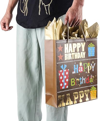 Miniatura 6 de Bolsa de regalo de feliz cumpleaños grande de 12.6 pulgadas con tarjeta y papel de seda (dorado)