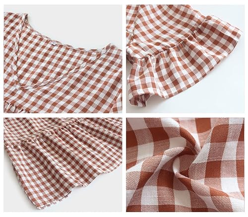 Kaywide Women's Summer Plaid Tops V Neck Short Sleeve Blouses Shirt Casual Ruffles Loose Tunic Tops(Orange,Xl) #TOP3
