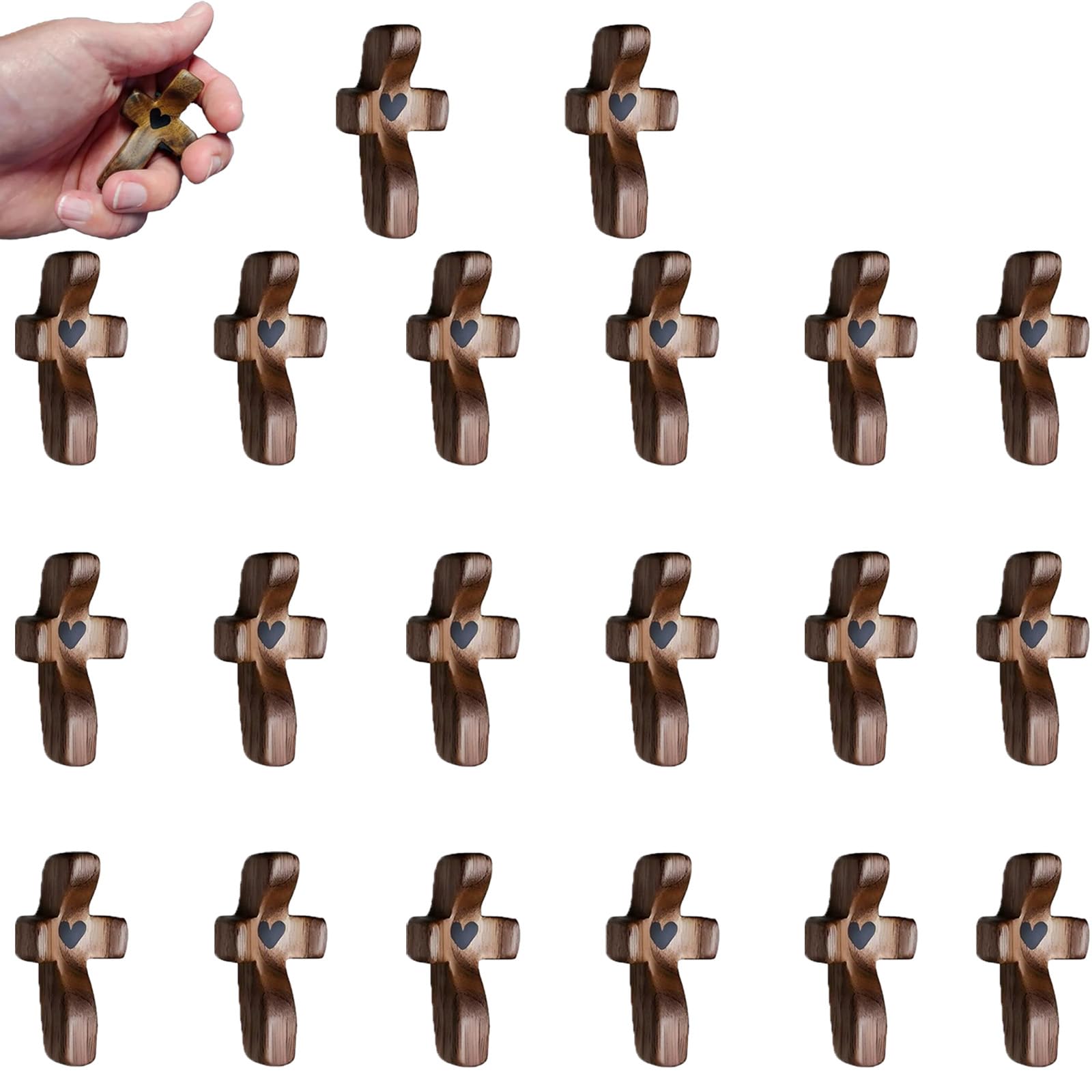 20 Pcs My Heart Encouragement Gift Wooden Pocket Cross Handheld Wood Small Cross Fingertip Stress Relief Religious Gifts for Children Adults Praying,