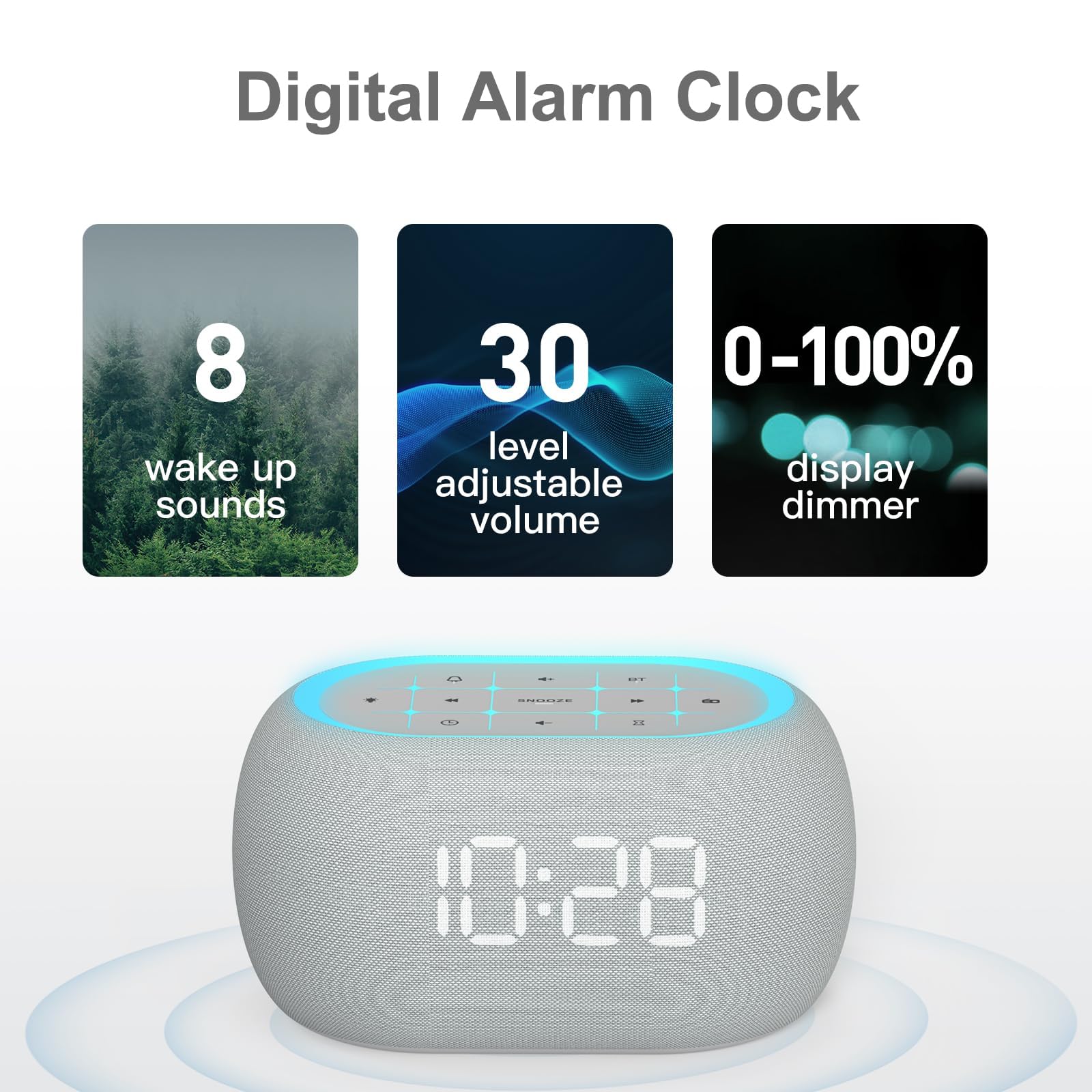 ANJANK Radiosveglia da Comodino con Altoparlante Bluetooth, Suono Stereo Hi-Fi, 7 Colori di Luce Notturna, Sveglia Digitale con 8 Suoni di Allarme, 0-100% Dimmer, Radio FM da Camera da Letto