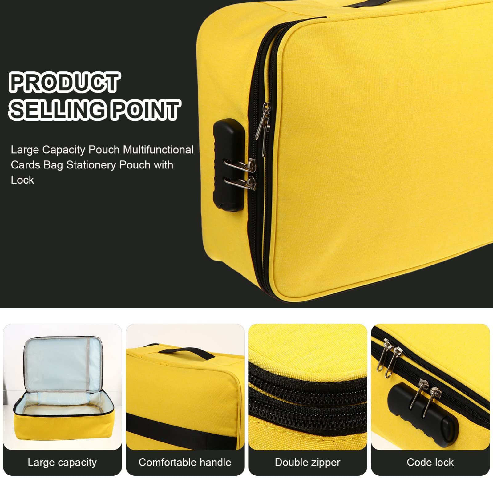 Healvian Pouch Documenti Capiente Multifunzione con Doppia Zip e Lucchetto | Tessuto Cationico Giallo, Tasche Multiple Ordinate, Facile da Sollevare per Viaggio e Carte