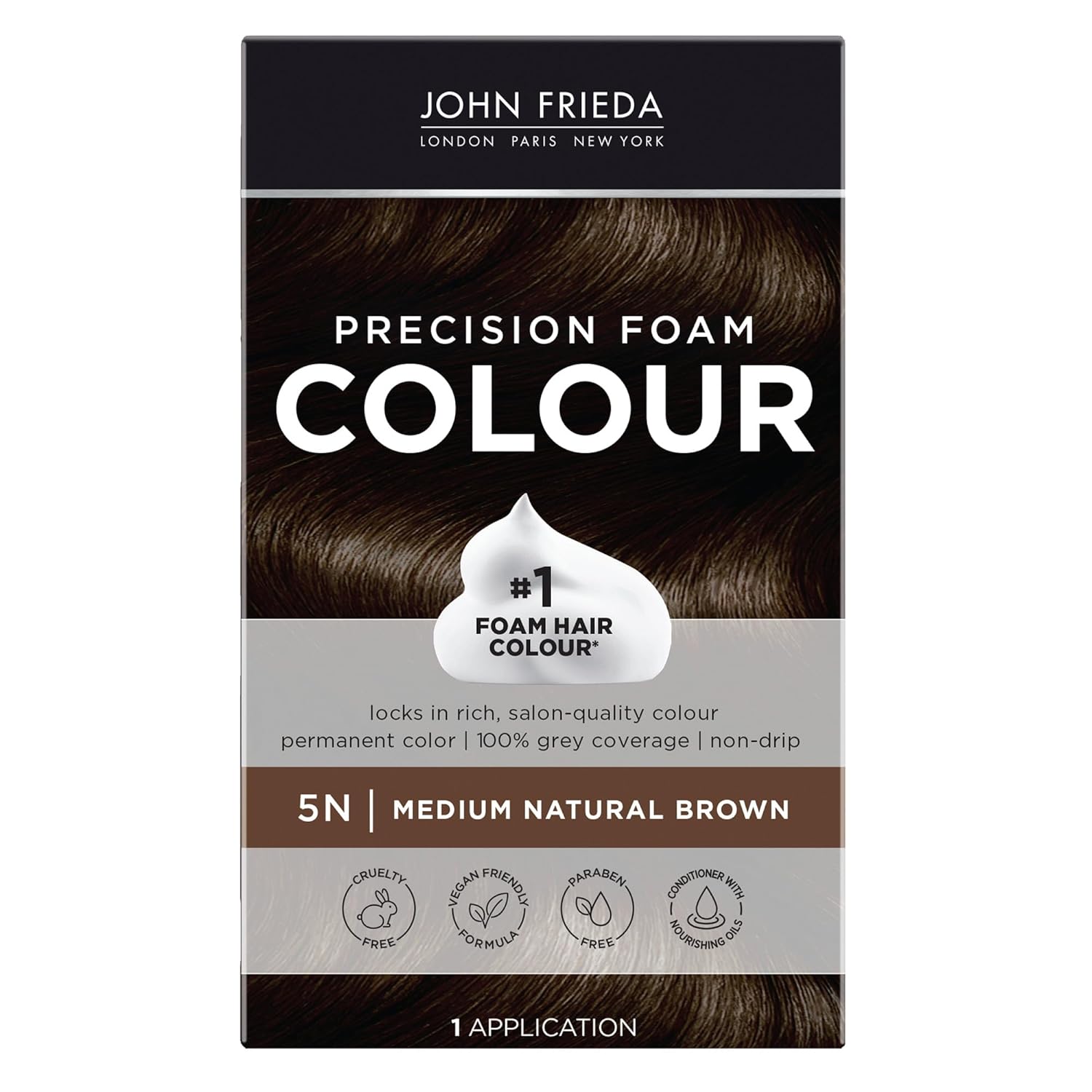 John Frieda Precision Foam Hair Color Medium Natural Brown 5N - No-Drip Foam, 100% Gray Coverage, Long-Lasting Salon-Quality Dye Kit