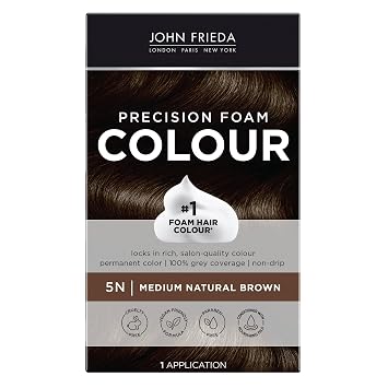 John Frieda Precision Foam Colour, Medium Natural Brown 5N, Full-coverage Hair Color Kit, Anti-Fade Gray Coverage, Deep Color Saturation Hair Dye, 1 Application