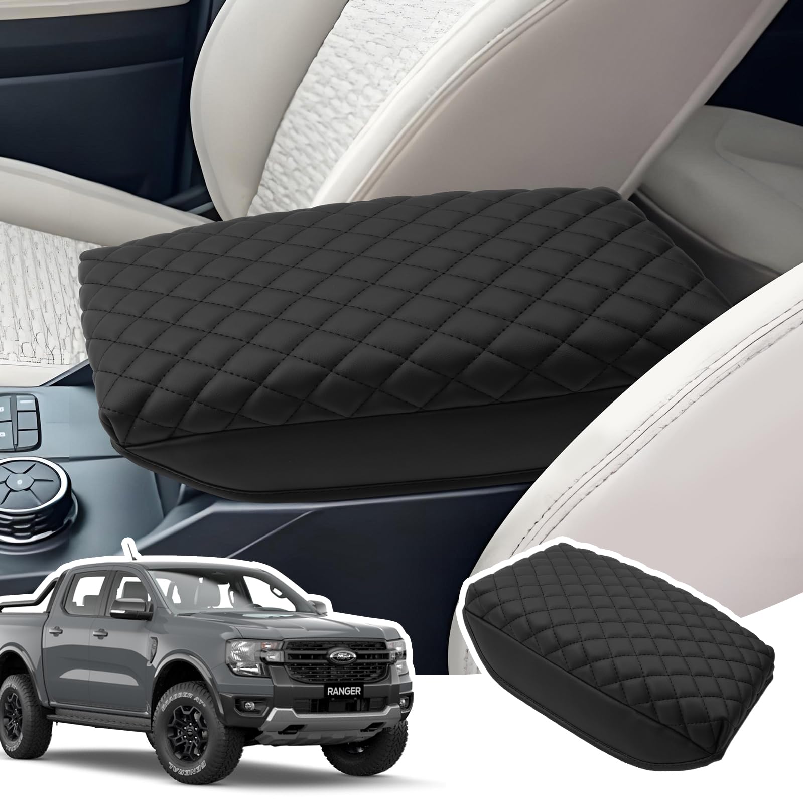 Housse d'Accoudoir avec Poche Rangement pour Ford Ranger 2023-2026 | Couvre Accoudoir Console Centrale, Protection Accoudoir, Matériel Cuir PU Épaissi, Accessoires Rehausser l'Accoudoir de 4CM