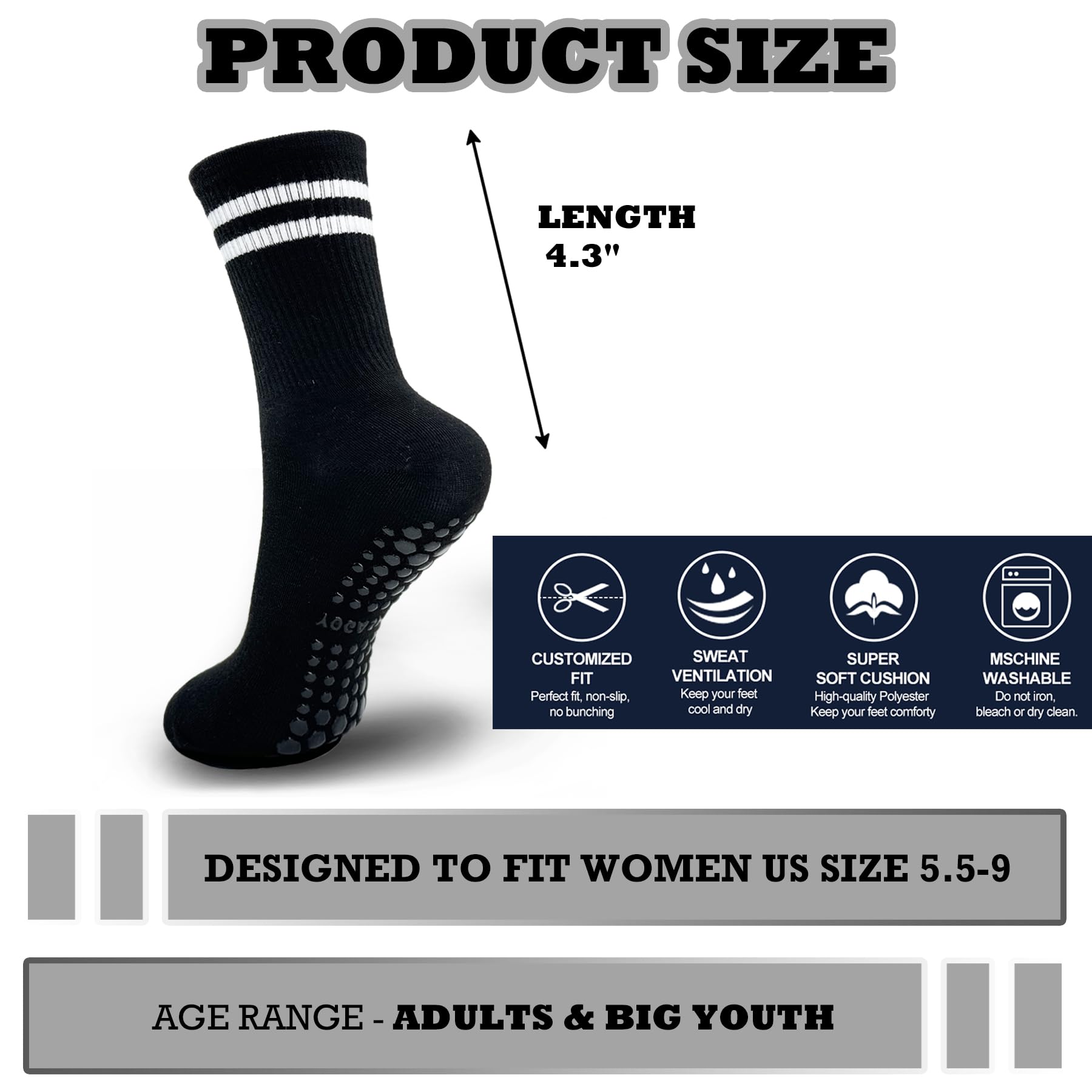 Popuid 6 Pairs Pilates Socks with Grips for Women, Non-Slip Yoga Striped Crew Socks for Barre Hospital Workout (White)