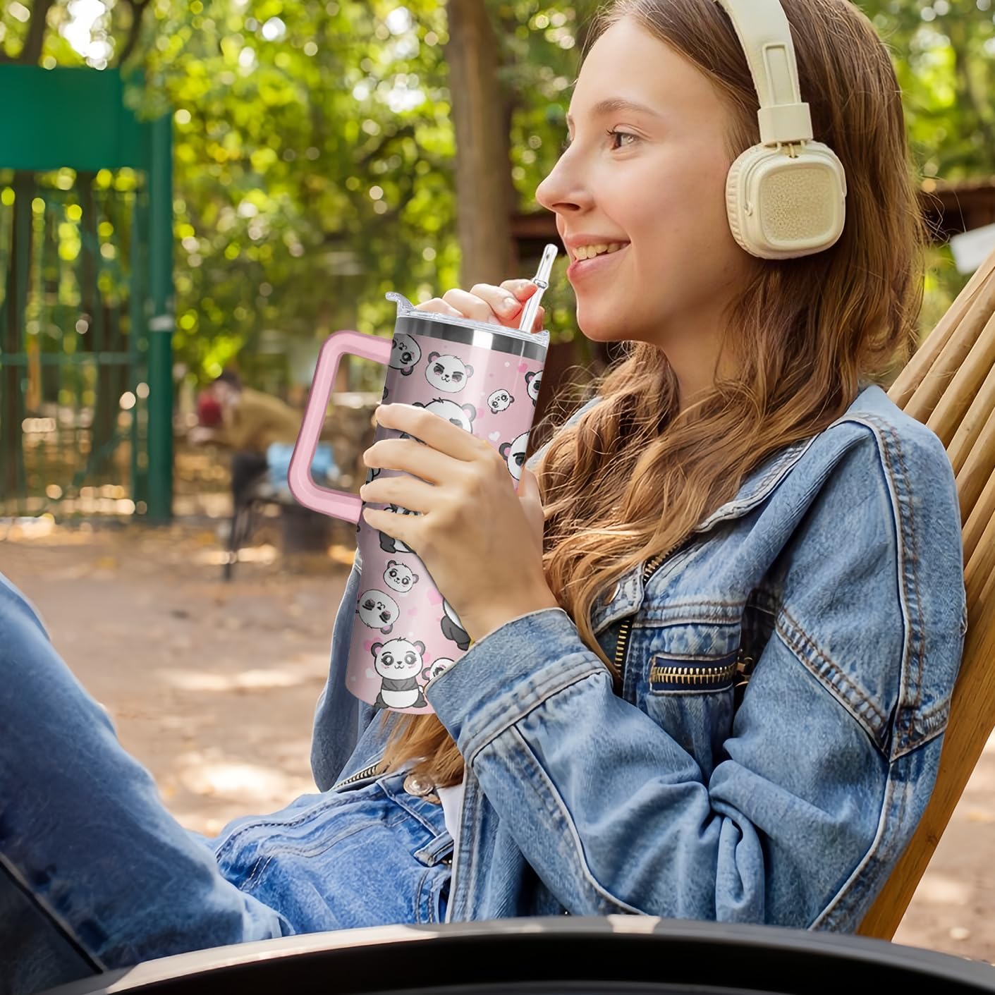 40oz Cute Panda Tumbler with Handle and Straw, Stainless Steel Insulated Cup with Lid and Straw, Travel Coffee Mug Water Bottle, Birthday Mothers Day Gifts for Women Men Animal Lovers - Image 5