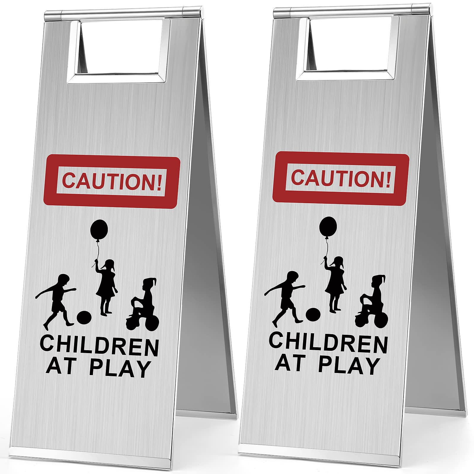 Photo 1 of Caution Children at Play Sign 24 Inch Stainless Steel Portable Handle Children at Play Warning Board Safety Signs Reflective Slow Kids Playing Sign for Neighborhoods, Schools, Park, Sidewalk(2 Pcs)