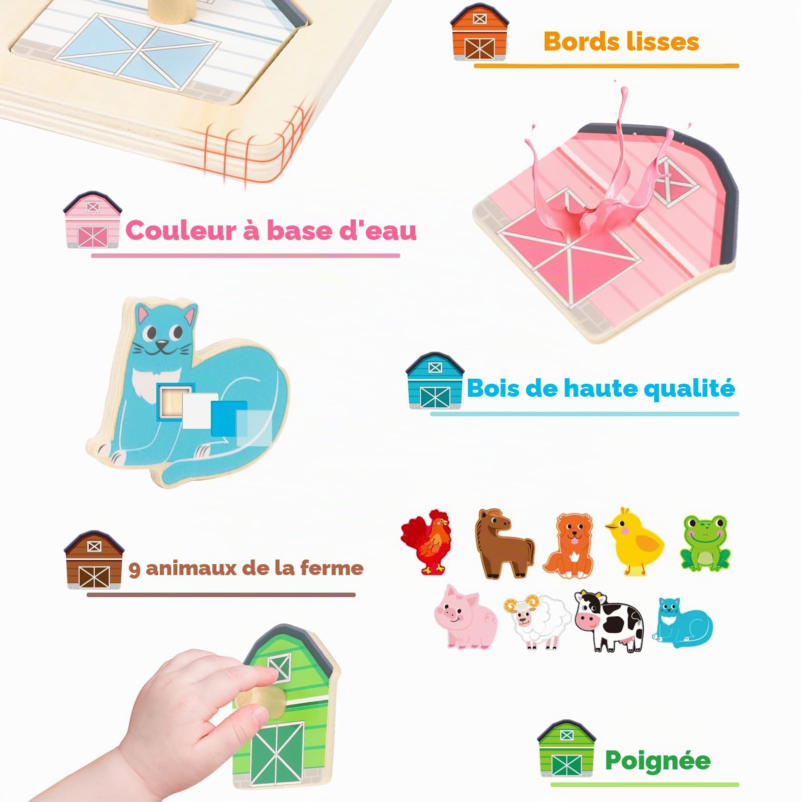 Jouets Montessori Puzzle en Bois pour Bébé 1 an Ferme Jouet Moteur 12-36 Mois Fille Garçon