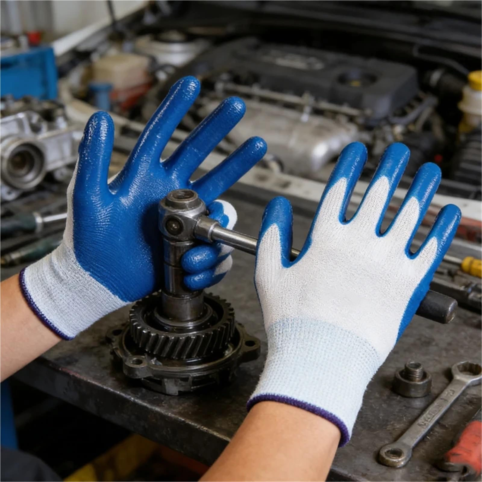 Genérico Compatible con guantes de trabajo de nitrilo azul-blanco resistentes al desgaste