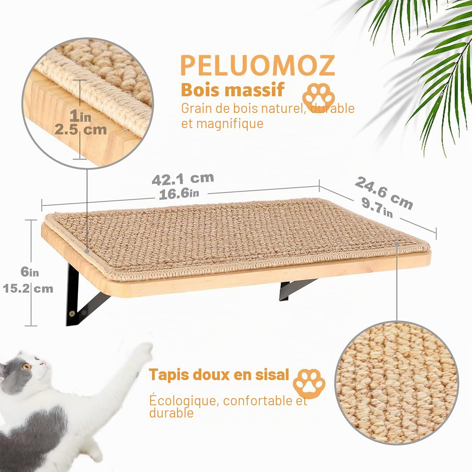 Mur d'escalade pour chat, meuble mural pour chat, avec tapis griffoir, plate-forme de couchage en bois massif pour l'escalade, les jeux, le sommeil