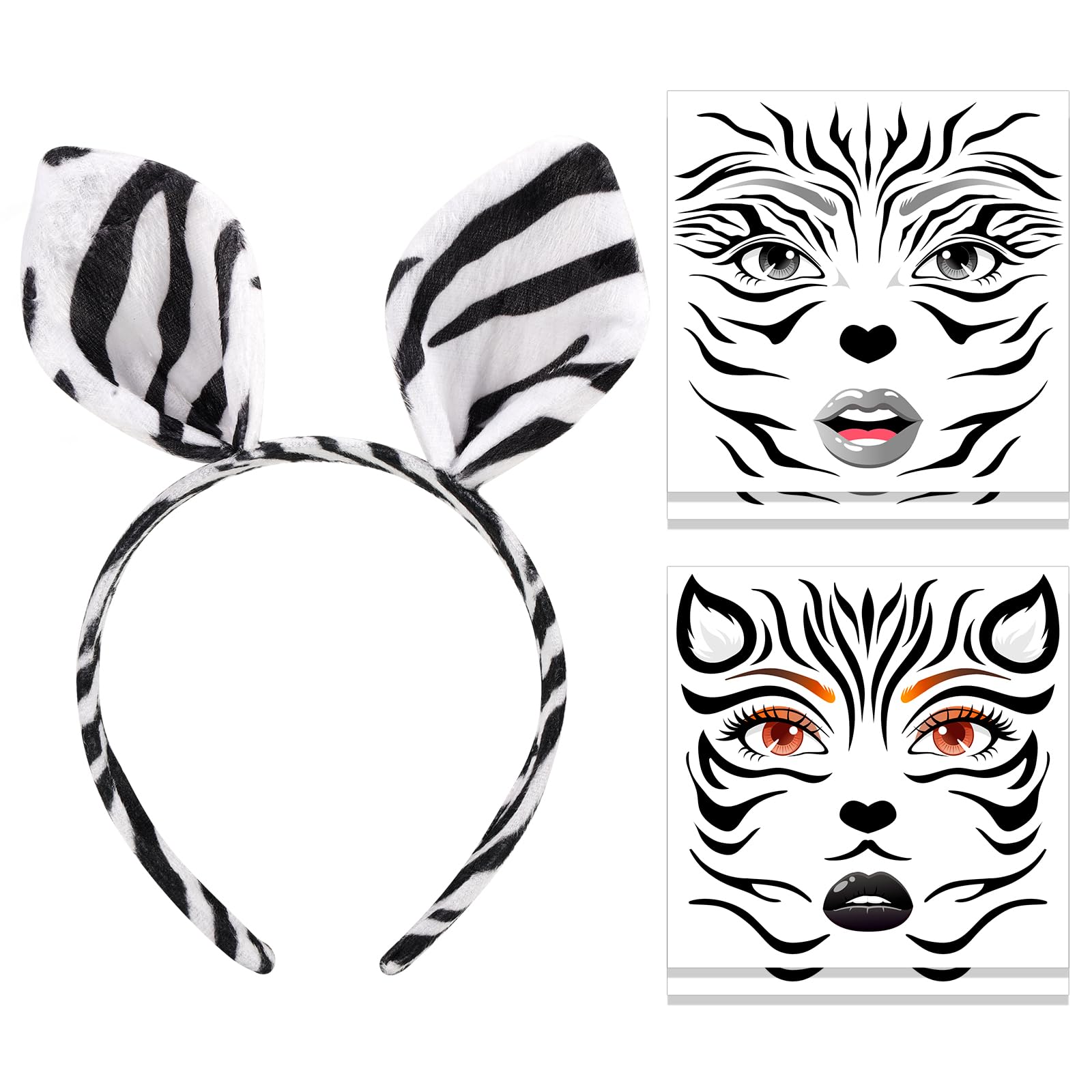 HOWAF Zebra Ears Headband & Halloween Face Tattoos Stickers