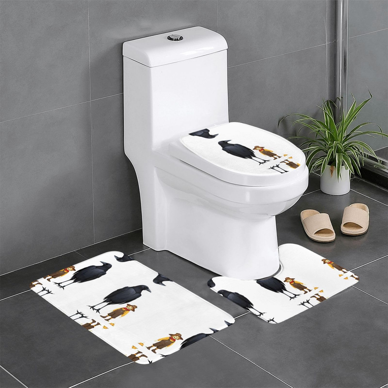Tapis de salle de bain antidérapants Lot de 3 WHJDPP Motif Corbeau Épouvantail