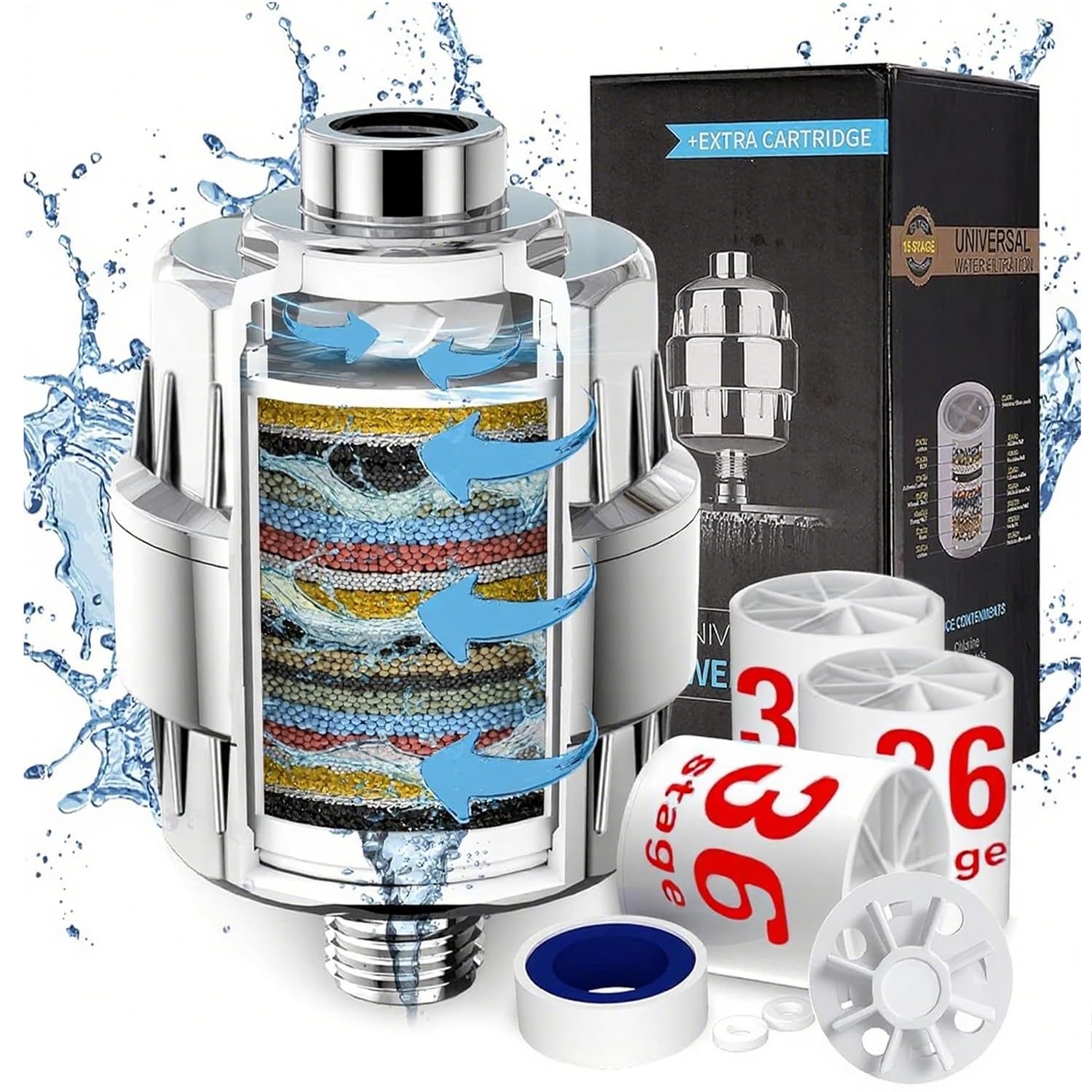 36 Stage Shower Filter with Vitamin C E for Hard Water with 3 Cartridges, High Output Universal Shower Head Water Softener Filter to Remove Itchy Skin, Dandruff and Eczema with