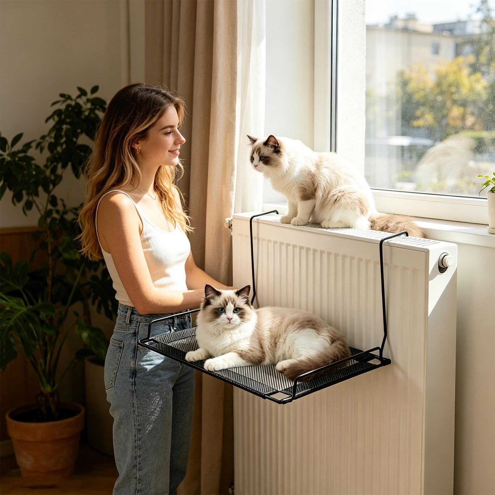Supporto per amaca per gatti, pieghevole in rete traspirante, amaca per gattini con gancio, per casa, soggiorno, camera da , balcone, finestra angolare