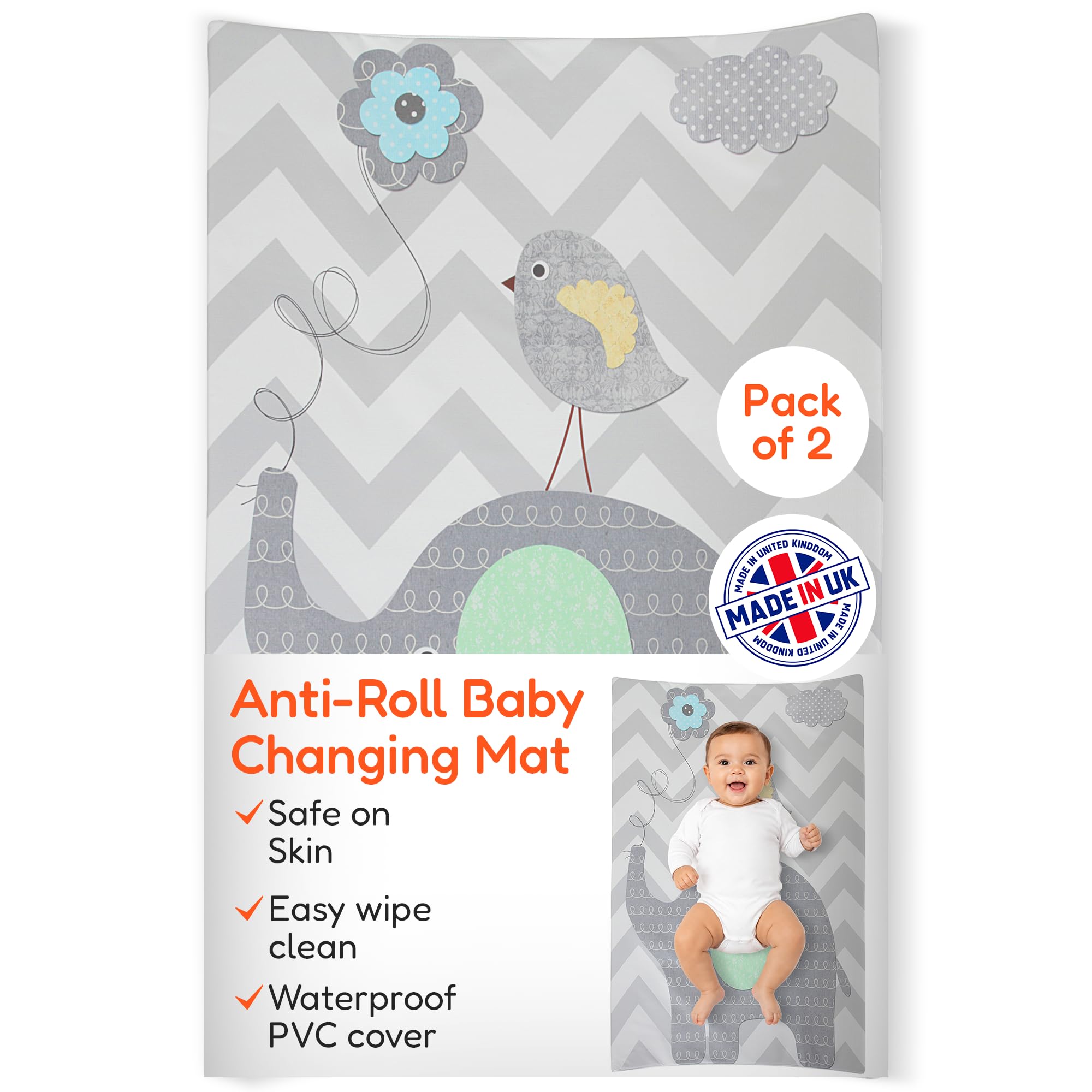 Anti-Roll Wedge Baby Changing Mat - Extra Thick & Durable, 69x45x8cm 2 Pack