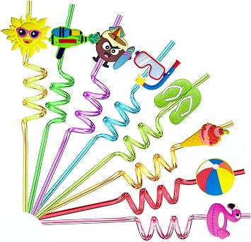 24 PCS Straws for Birthday Party Supplies Drinking Straws with 2 PCS Cleaning Brushes Summer Beach