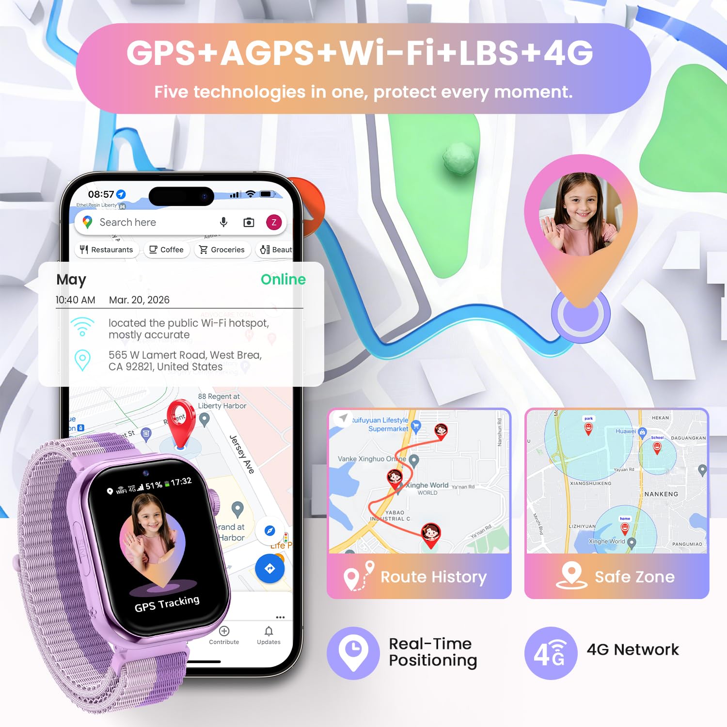 4G Montre Connectée Enfant avec GPS, Double Caméra, Appel Vidéo, SMS, Chat Vocal, SOS, Mode Classe, Réveil, Lampe Torche, IP68, Podomètre, Cadeau pour Garçons Filles, Violet - Garantie 3 Ans