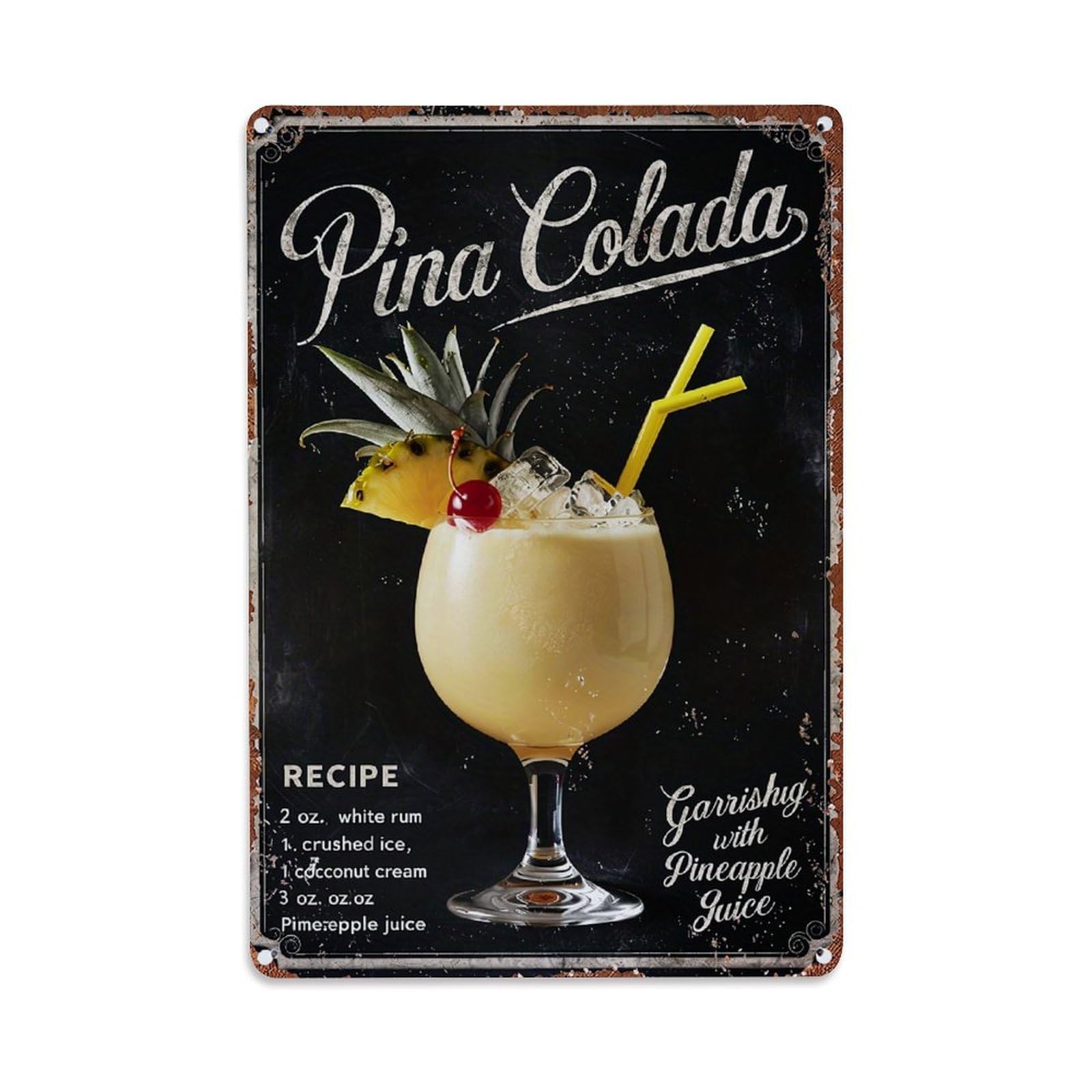 Jdfenggu Vintage Pina Colada Cocktail Recipe Poster Retro Metal Tin Sign, Decor Art Poster For Bar, Home, Man Cave, Kitchen, Laundry Room Gift 8X12inch