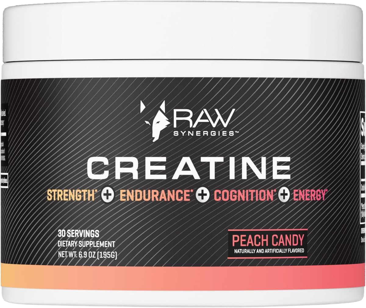 RAW Synergies Creatine Powder, Peach Candy, 30 Servings | Daily Creatine Powder Supporting Strength, Endurance and Recovery plus Hydration, Energy and Cognition Support
