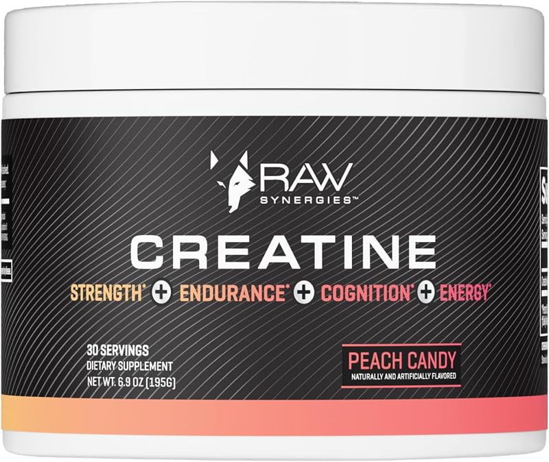 RAW Synergies Creatine Powder, Peach Candy, 30 Servings | Daily Creatine Powder Supporting Strength, Endurance and Recovery plus Hydration, Energy and Cognition Support