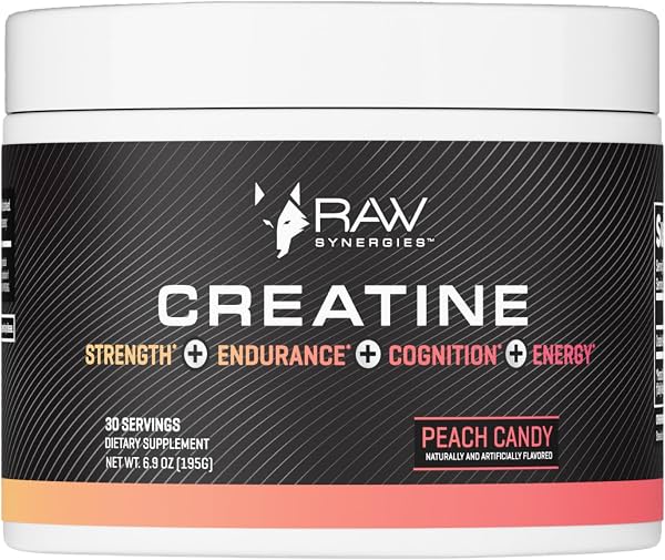 Polvo de Creatina RAW Synergies, Caramelo de Durazno, 30 Porciones | Polvo de Creatina Diario que Apoya la Fuerza, la Resistencia y la Recuperación más Hidratación, Energía y Apoyo Cognitivo Cápsula 30 Conteo (Paquete de 1)