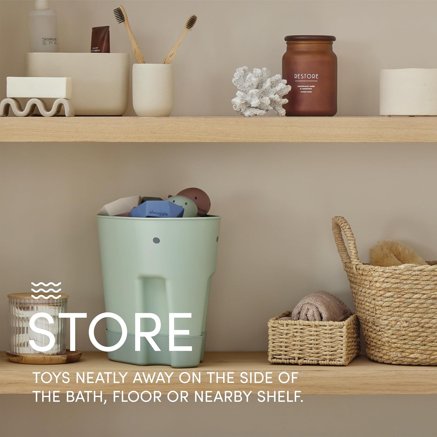 Shnuggle Ellie, paletta e organizer per giocattoli da bagno, con vassoio antigoccia, realizzato al 98% in plastica riciclata, si asciuga meglio di una rete per giocattoli da bagno