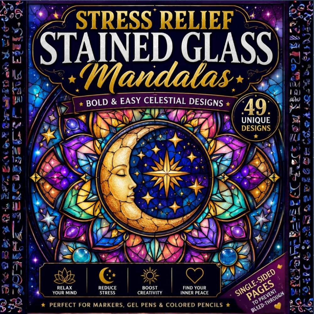 Stress Relief Stained Glass Mandalas: Bold & Easy Celestial Designs for Relaxation, Mindfulness, and Creative Escape, Beautiful Moon, Star, Sun & Cosmic Patterns for Adults