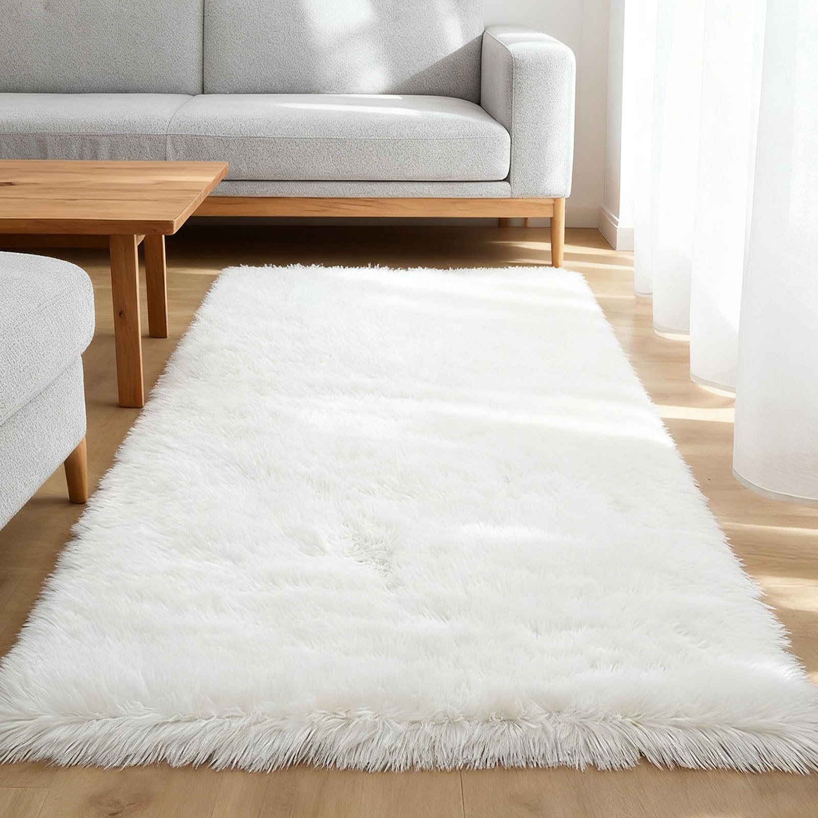 Tapis salon shaggy 200 x 280 cm blanc à poils longs lavable