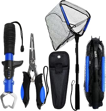 Floating Telescopic Folding Net with 7 Inch Pliers & Lip Gripper - Kids Fishing Net with Foldable Sand Bucket & Fishing Gear Accessories