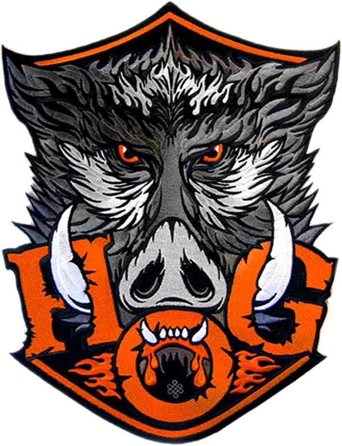 VEGASBEE Large HOG Wild Boar Head Motorcycle Owner Embroidered Patch for Biker Jacket Vest Big Size XL 12" USA