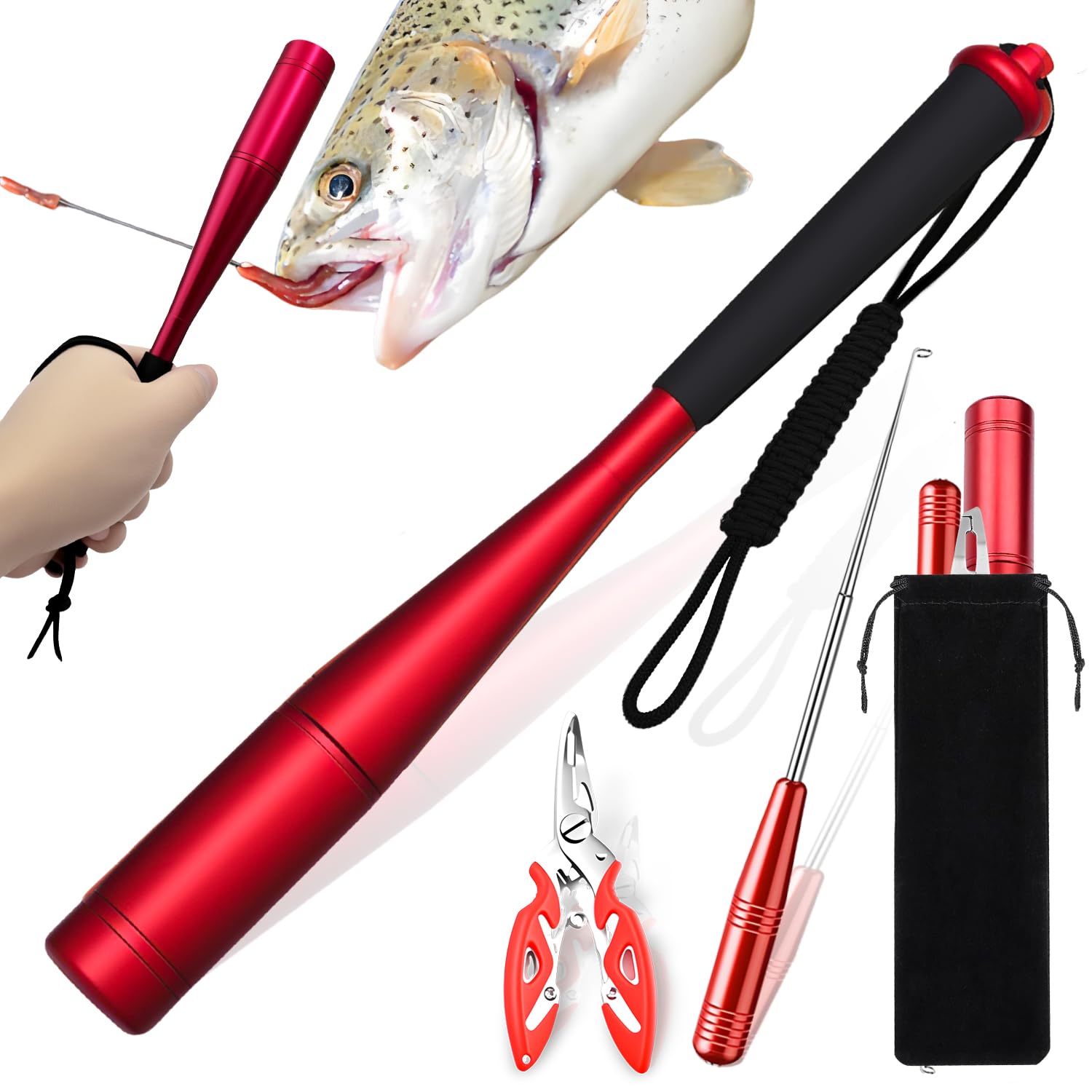 YUJUVI Fischtöter Angelzange 3-teiliges Angelzubehör Hakenlöser Fischbetäuber Set Aluminium Fisch Totschläger Angeln Zange Disgorger Forelle Angel Werkzeug mit Tasche (Rot)