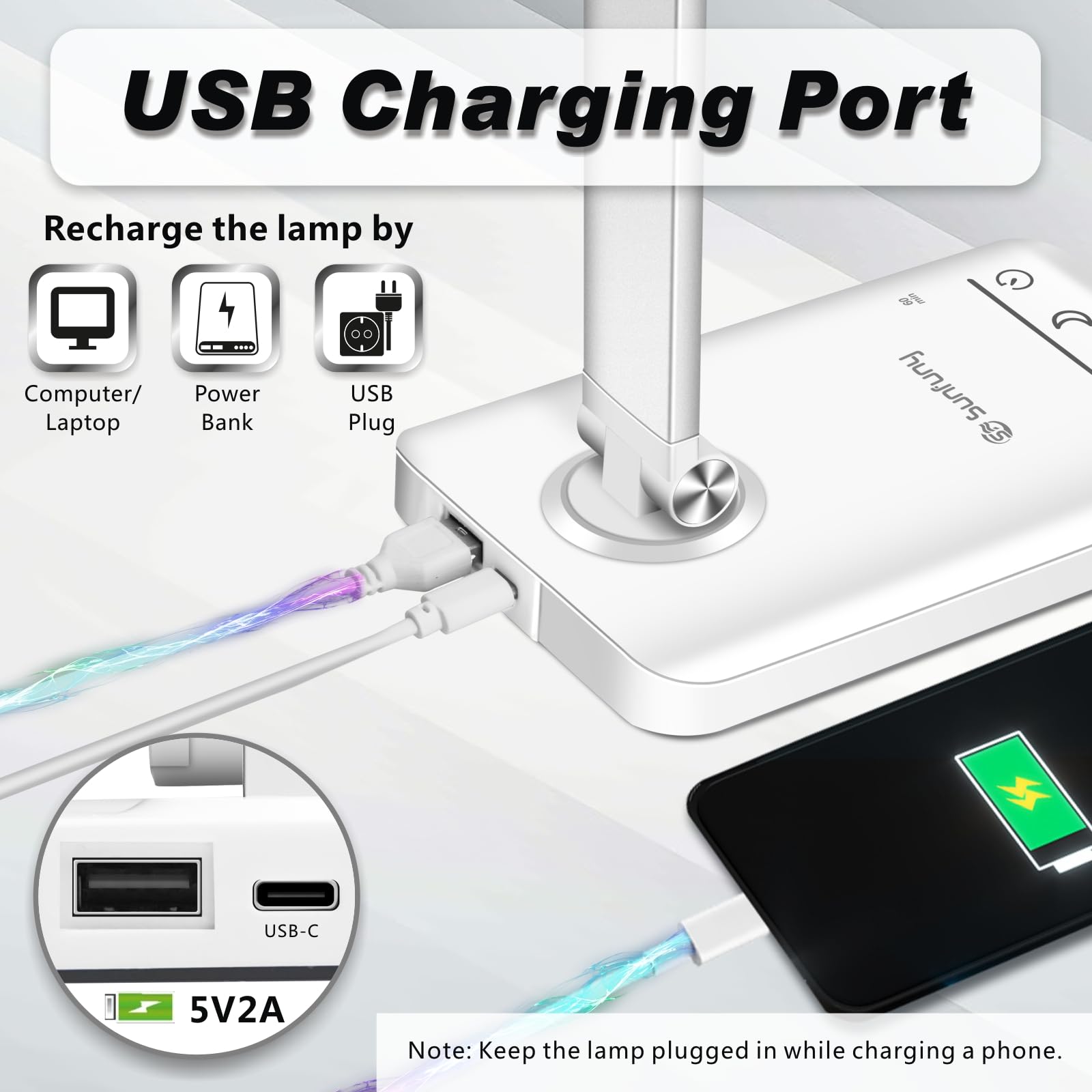 Lampada da tavolo a LED, senza fili, con porta di ricarica USB, 5 modalità di colore e 7 livelli di luminosità, luce notturna, timer per casa e ufficio (bianco)