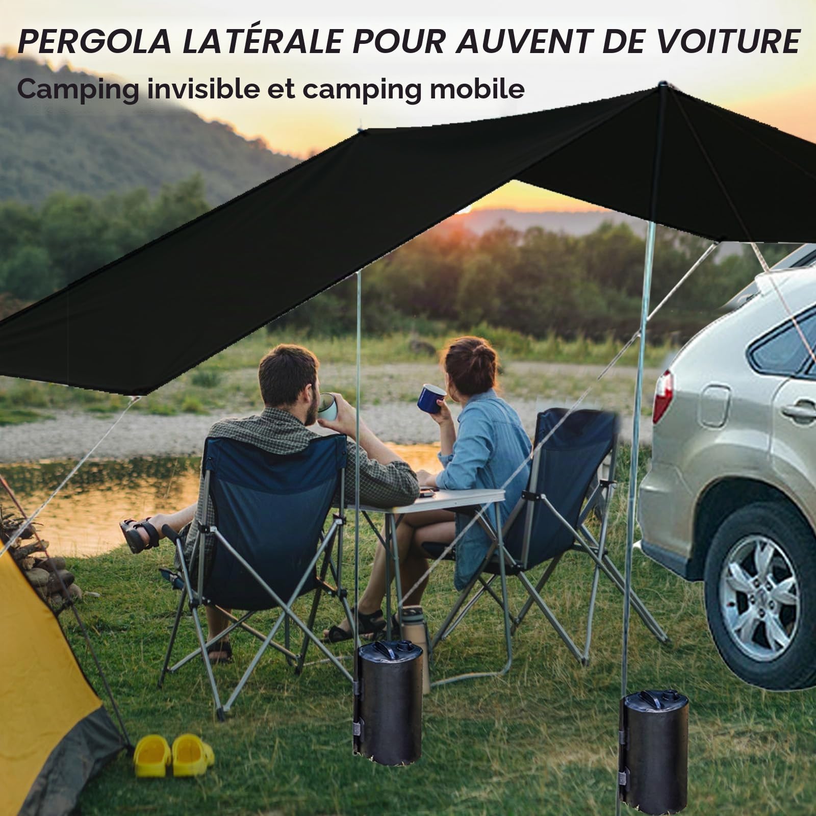 Auvent latéral de voiture - Tente de camping - Tente de toit avec protection UV - Avec 2 sacs d'eau portables - Étanche - 440 x 200 cm - Noir