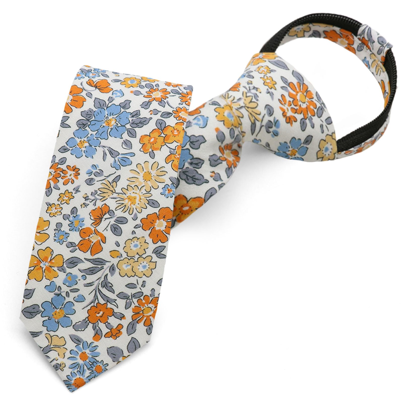 Luckyvestir Boys Zipper Floral Tie for Kids 14" Pre-Tied Cotton Tie Linen Adjustable Necktie for Wedding Graduation Daily