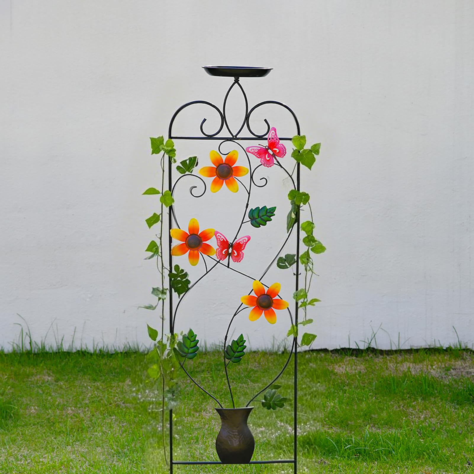 Metal Trellis,con Baño para Pájaros y Estacas de Jardín | Enrejado Alto con Bebedero para Aves,para Rosas Trepadoras, Enredaderas, Hortalizas, Bancal Elevado, Patio, Jardín, Balcón, Parque