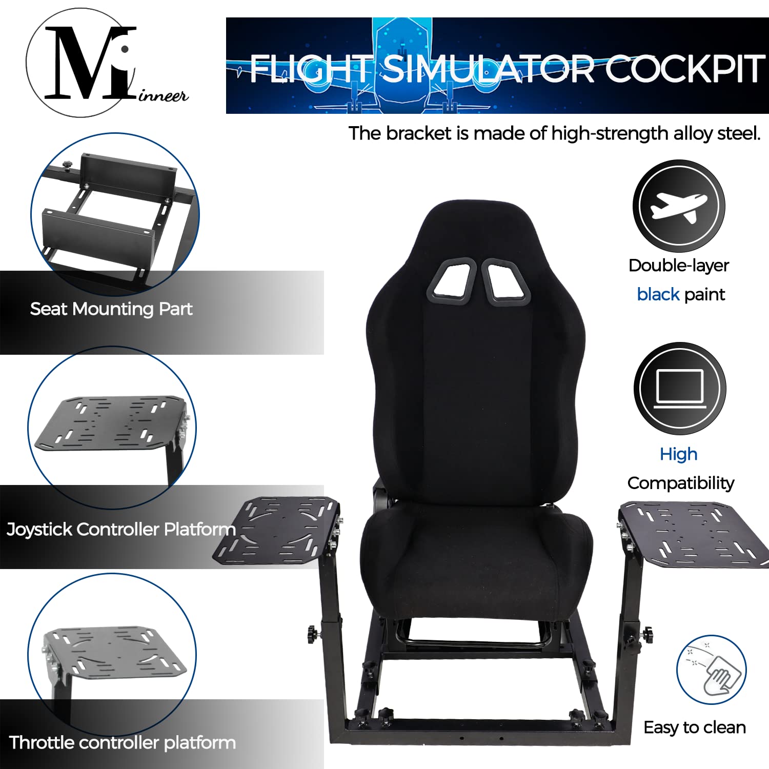 Minneer Flight Racing Simulator Cockpit Support Hotas Warthog with Black Seat Fits for Logitech/Thrustmaster/Fanatec X56/X52/G29/G920/T248 Drive Gaming Joystick Mount. Joystick, Handbrake Not Included