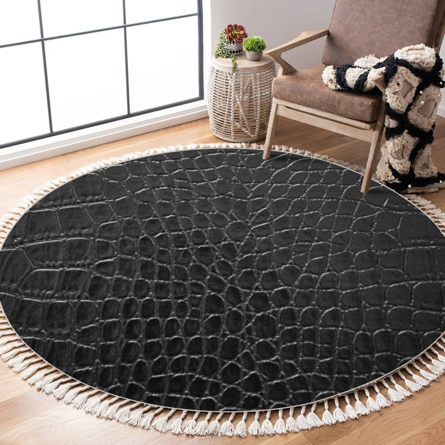 Amazon.com: OUVNWLRE Round Fringe Shag Rugs Black Leather