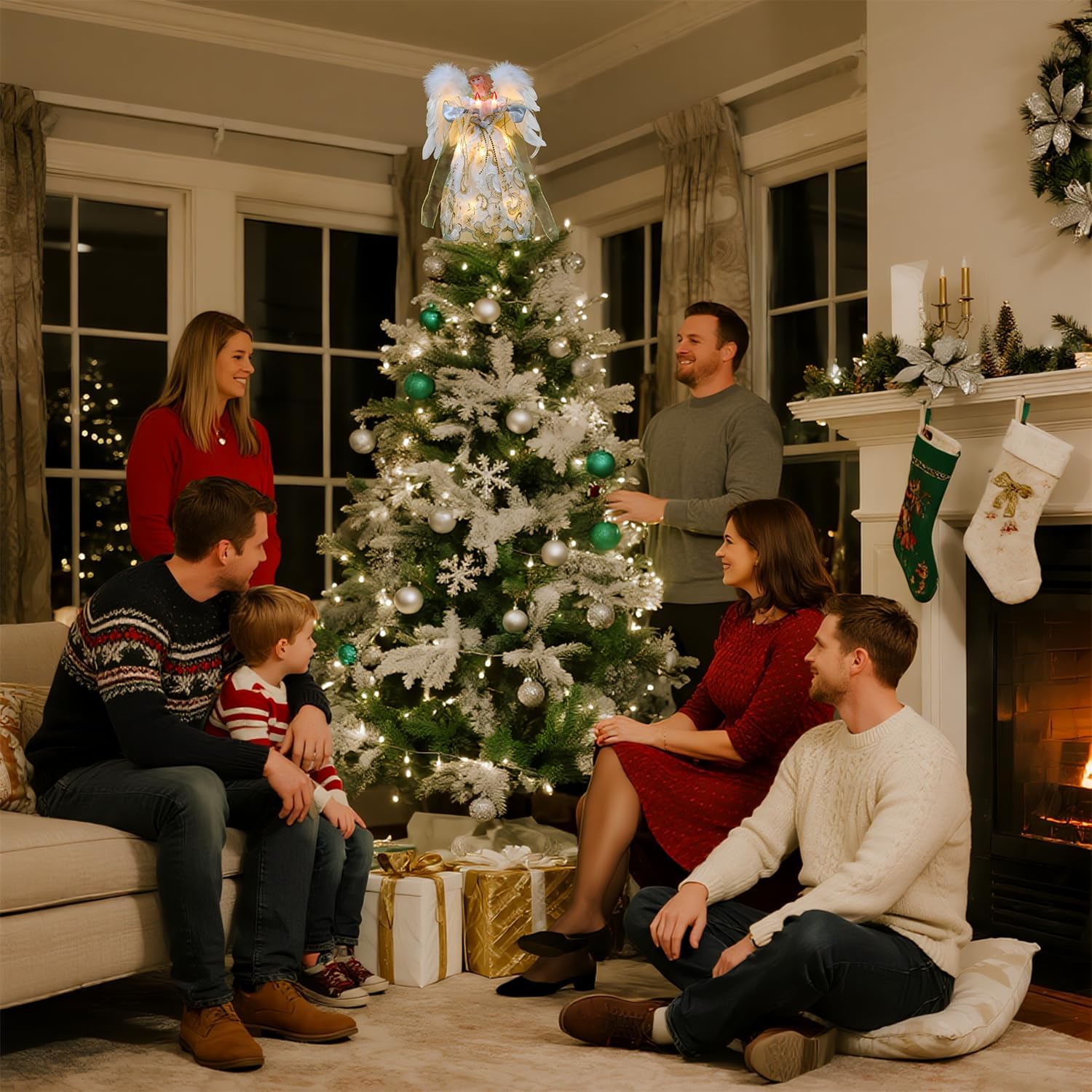 Decoración para árbol de ángel de Navidad con alas móviles, decoración navideña (marfil y dorado)