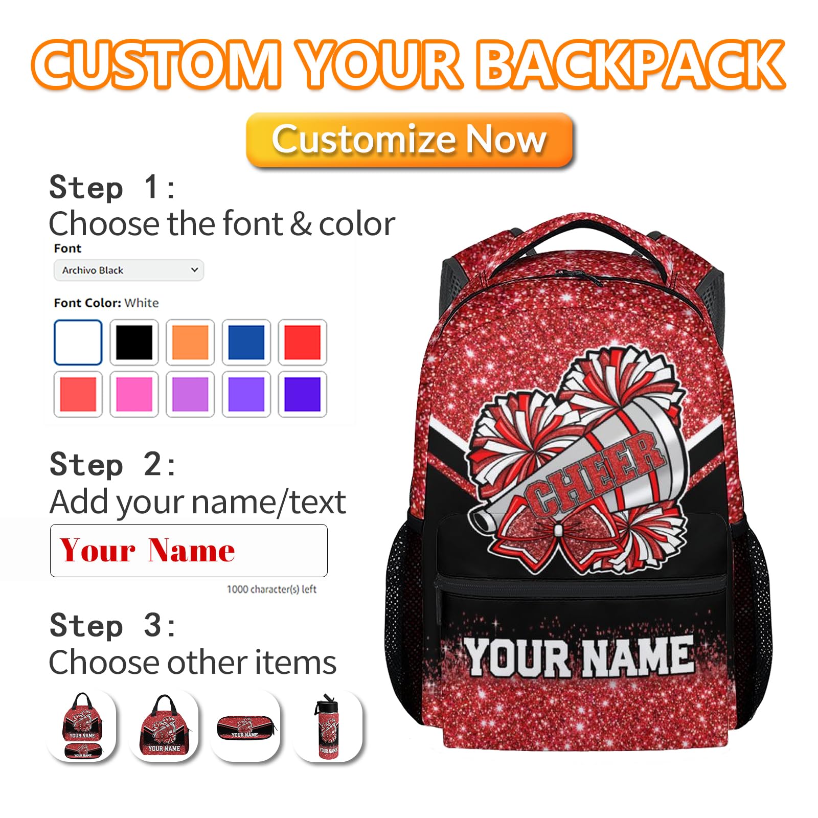 Zaino personalizzato Cheer, 43 cm, zaino da cheerleader, regali per ragazze, borsa per libri per bambini elementari, Rosso, One Size, Zaino per bambini