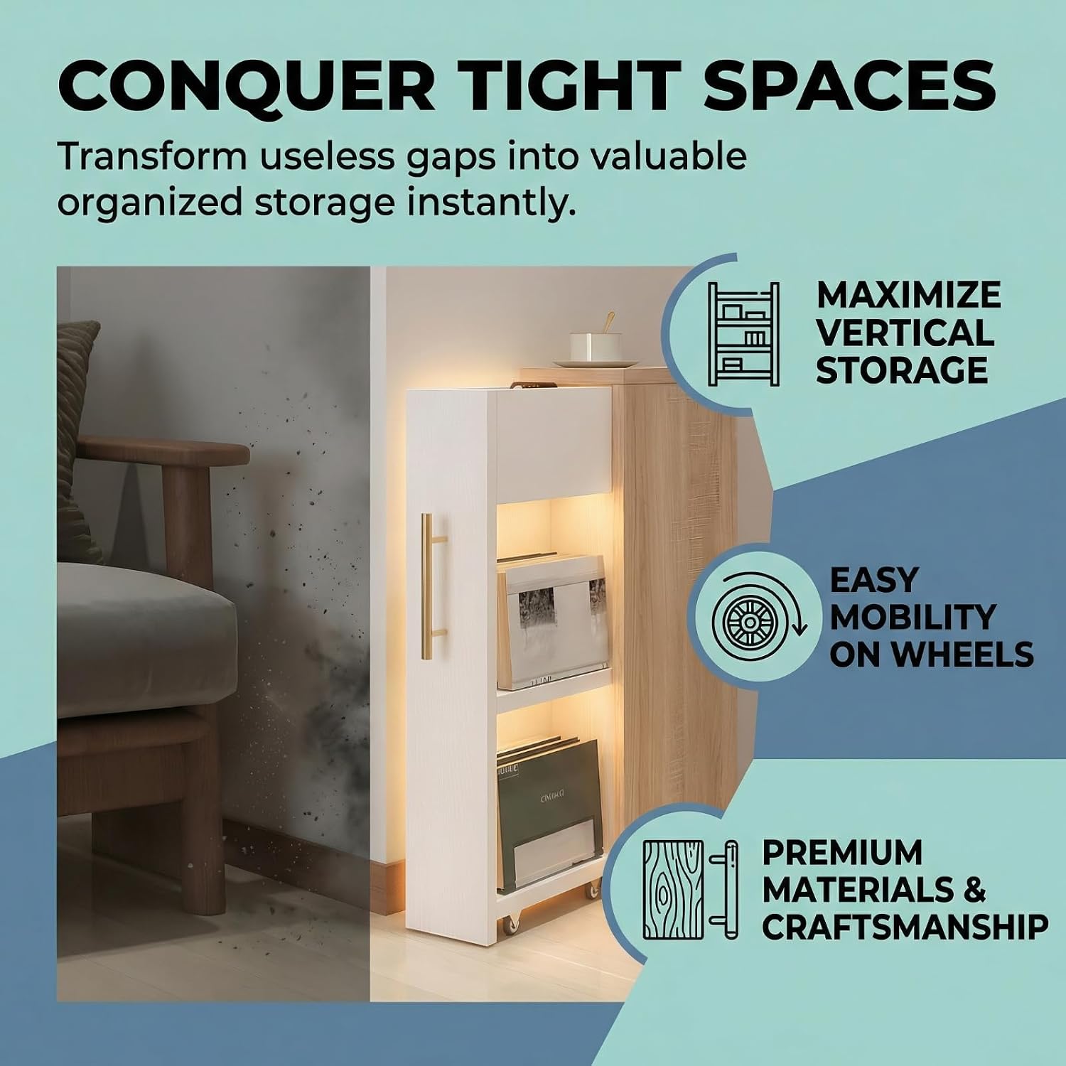 2 Tier Rolling Book Cart with Wheels, Mobile Shelving Unit, Narrow Side Table,Multi Functional Movable Storage Book Rack Bookcase,Small Utility Gap Filler Unit for Living Room, Bedroom, or Kitchen