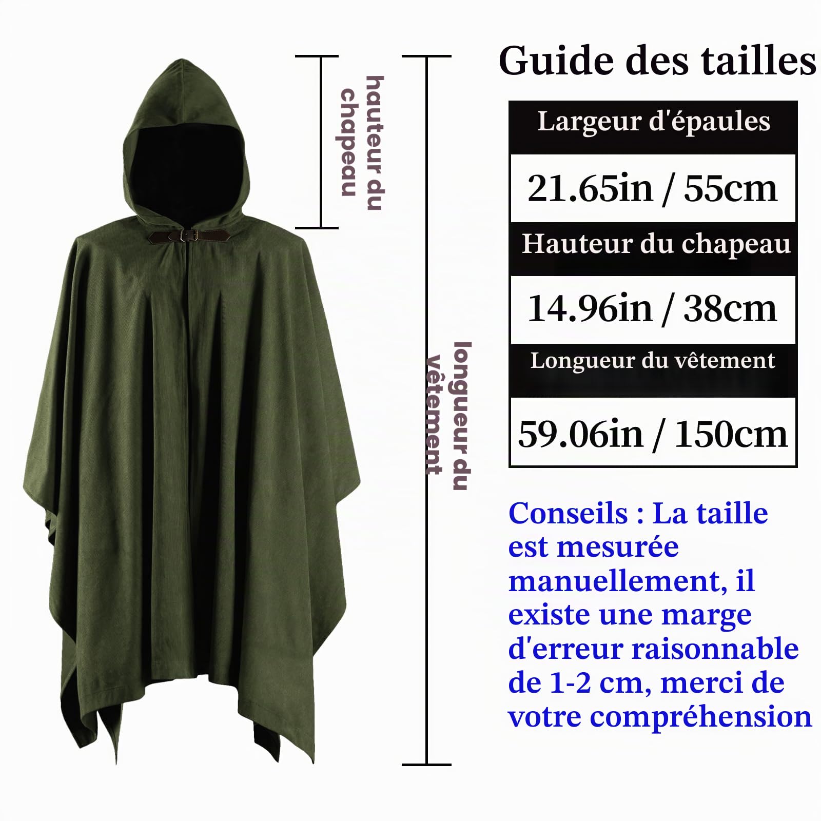 HiiFeuer Cape médiévale à capuchon en velours côtelé avec broche ajustable,Fantasy Poncho Renaissance Costume Cape Ren Faire Cosplay
