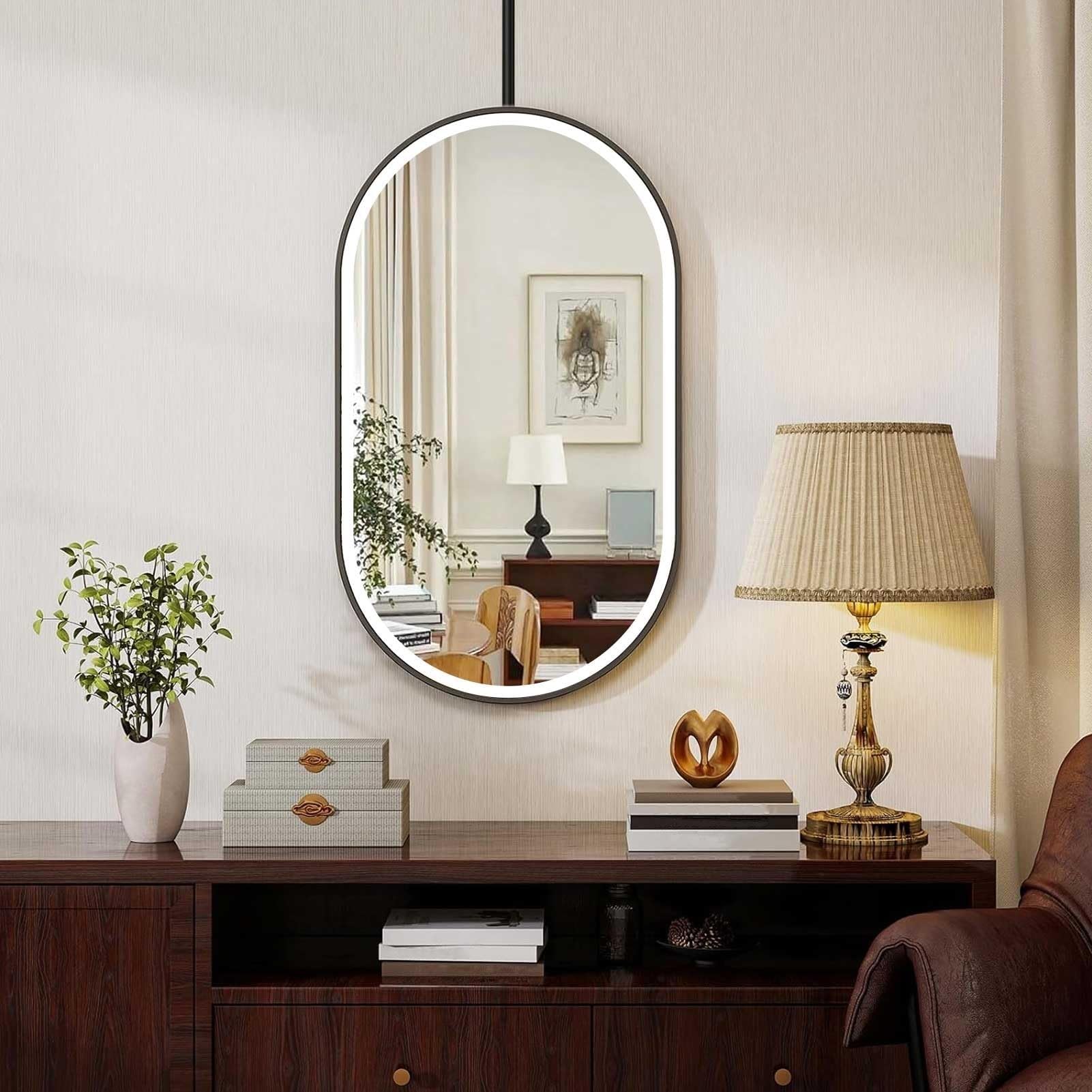 THEGA Wall-Mounted Oval Bathroom Mirror With LED-Lights, Ceiling Hanging Mirror, Vanity Makeup Shaving Mirrors, Large Suspended Mirror With Metal Framed And Boom(50x80cm)
