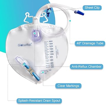 Urinary Drainage Bag with Anti-Reflux Chamber, Bedside Drainage Bag 2000 mL with 48 Drainage Tube, Hook Hanger and Clips, Urine Bag with Metals Buckle for Home and Hospitals, 5 Pack