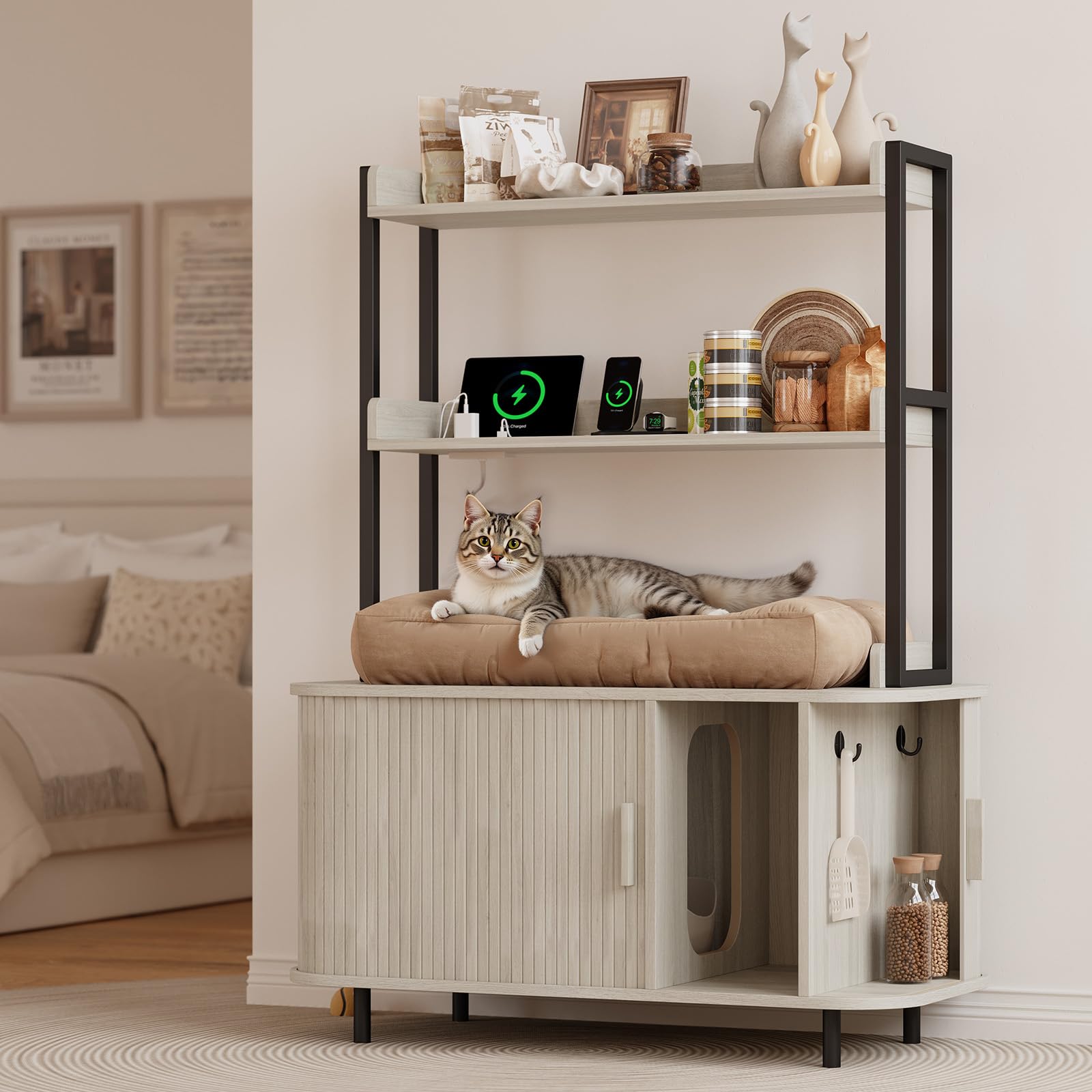 ONBRILL 54 Inch Hidden Litter Box Furniture with Shelves and Outlets, White
