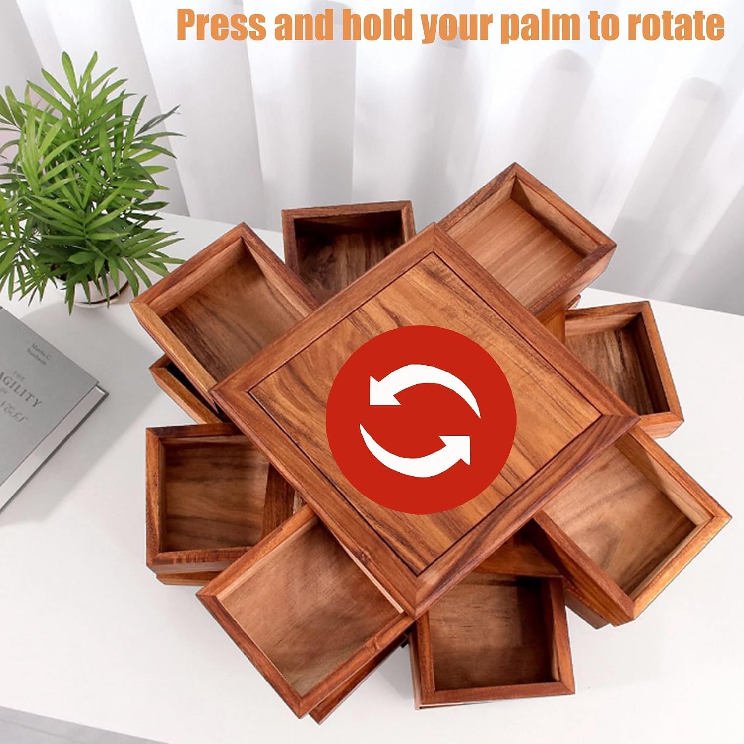 Organizador giratorio de madera de tres niveles para joyas, cosméticos y aperitivos, acabado de caoba para el hogar u oficina (tres capas)