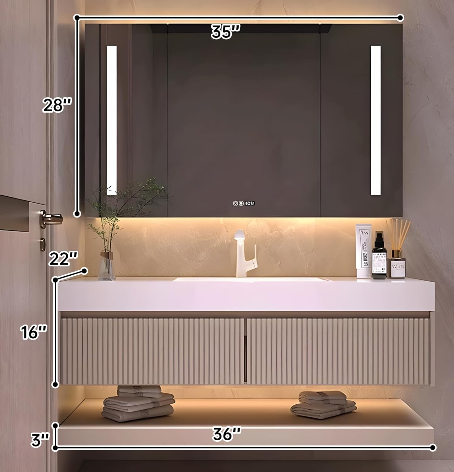 36" Bathroom Vanity Cabinet, Single Sink Bathroom Vanity with LED Smart Defog Mirror & One-Piece Sink, Modern Bathroom Vanities with Striped Drawers & Slate Countertop