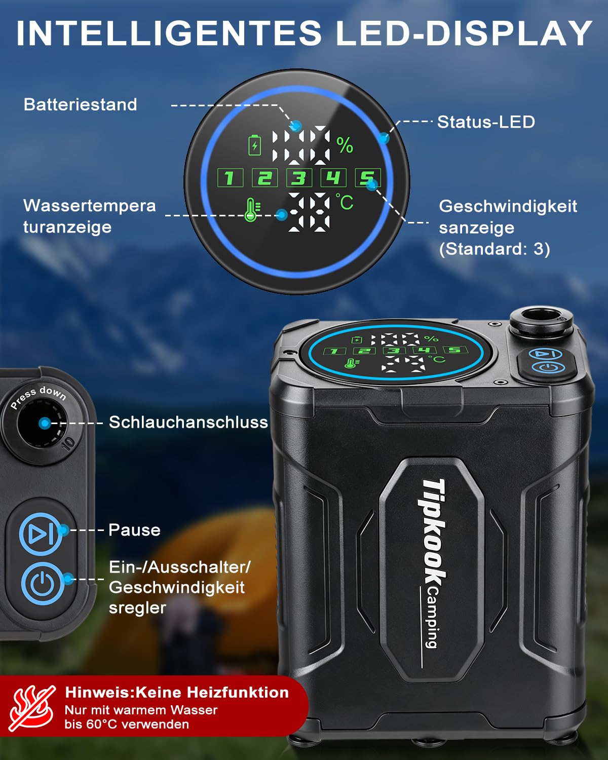 Tragbare Campingdusche mit 13000mAh EXTRA-LANGZEIT Akku, Mobile Outdoor Dusche mit Pumpe, Pausenfunktion & Temperaturanzeige für Mehrtägiges Camping, Mehrfache Tierwäsche & Langfristige Autowäsche