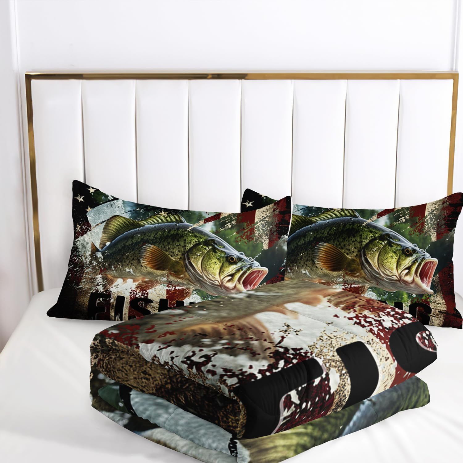 AILONEN Big Pike Fishing Comforter Set Full Size, Bass Fish American Flag Pattern Bedding Set for Boys Teen,Hunting and Fishing Duvet Set,3 Pieces,1 Quilt and 2 Pillowcases,Soft Microfibre